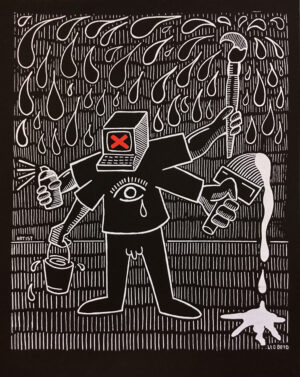 self portrait with spray can paint brush bucket and paste brush