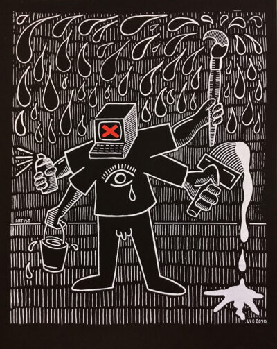 self portrait with spray can paint brush bucket and paste brush