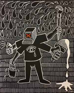 self portrait with spray can paint brush bucket and paste brush